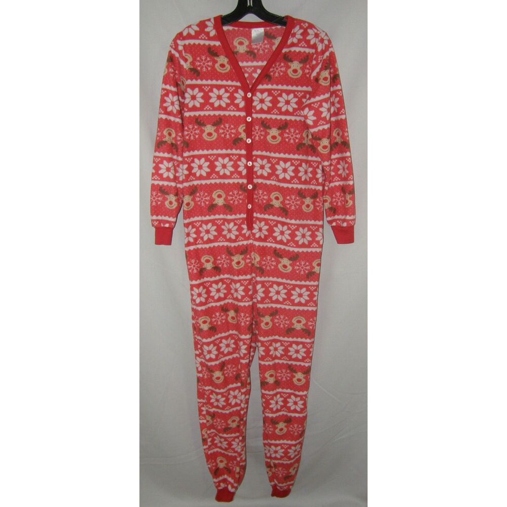 Womens Sz Small Red Soft Fleece MERRY CHRISTMOOSE Fair Isle 1 Pc Lounge Pajamas